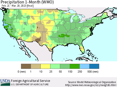 United States Precipitation 1-Month (WMO) Thematic Map For 2/21/2023 - 3/20/2023