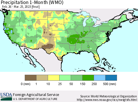 United States Precipitation 1-Month (WMO) Thematic Map For 2/26/2023 - 3/25/2023