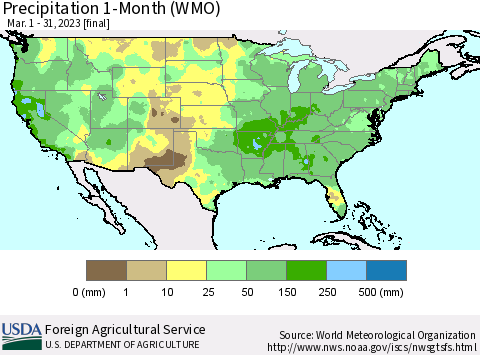 United States Precipitation 1-Month (WMO) Thematic Map For 3/1/2023 - 3/31/2023