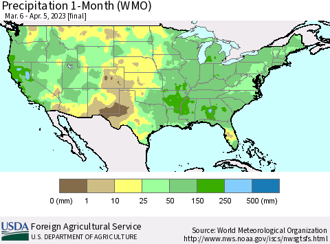 United States Precipitation 1-Month (WMO) Thematic Map For 3/6/2023 - 4/5/2023