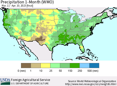United States Precipitation 1-Month (WMO) Thematic Map For 3/11/2023 - 4/10/2023