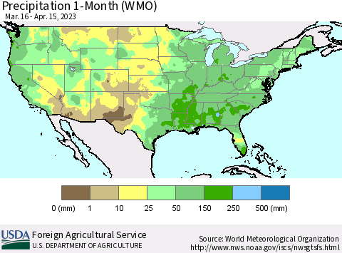United States Precipitation 1-Month (WMO) Thematic Map For 3/16/2023 - 4/15/2023