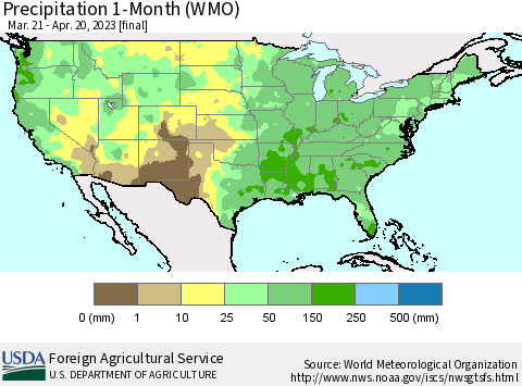 United States Precipitation 1-Month (WMO) Thematic Map For 3/21/2023 - 4/20/2023