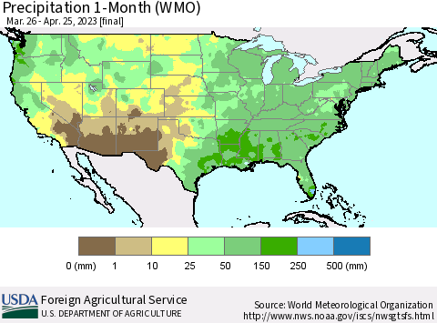 United States Precipitation 1-Month (WMO) Thematic Map For 3/26/2023 - 4/25/2023