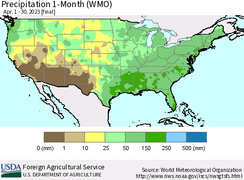 United States Precipitation 1-Month (WMO) Thematic Map For 4/1/2023 - 4/30/2023