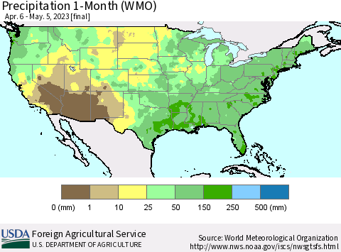 United States Precipitation 1-Month (WMO) Thematic Map For 4/6/2023 - 5/5/2023