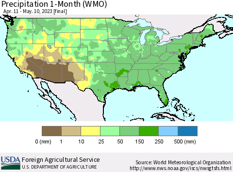 United States Precipitation 1-Month (WMO) Thematic Map For 4/11/2023 - 5/10/2023