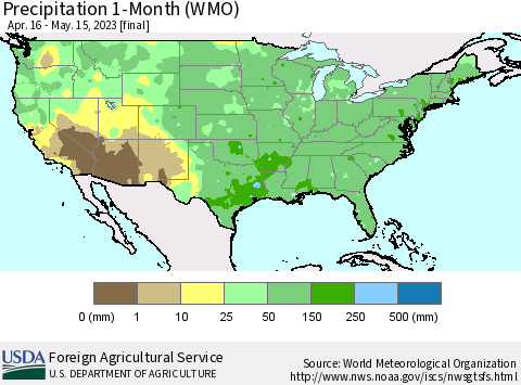 United States Precipitation 1-Month (WMO) Thematic Map For 4/16/2023 - 5/15/2023
