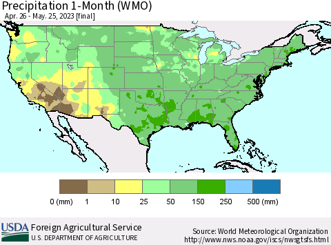 United States Precipitation 1-Month (WMO) Thematic Map For 4/26/2023 - 5/25/2023