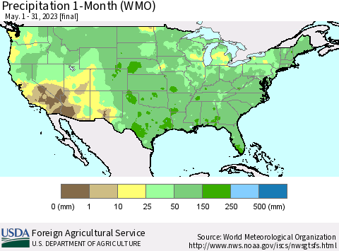 United States Precipitation 1-Month (WMO) Thematic Map For 5/1/2023 - 5/31/2023