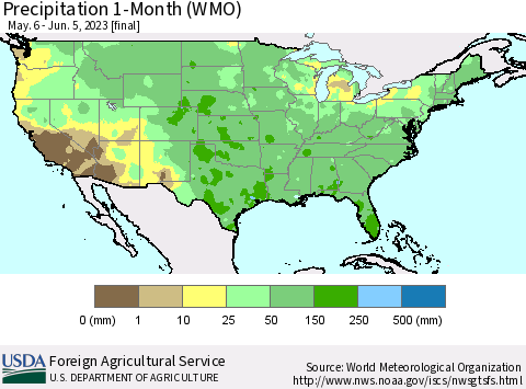 United States Precipitation 1-Month (WMO) Thematic Map For 5/6/2023 - 6/5/2023