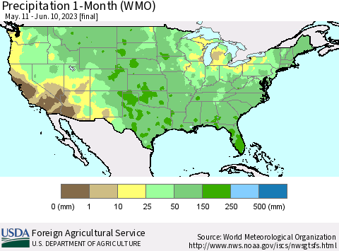 United States Precipitation 1-Month (WMO) Thematic Map For 5/11/2023 - 6/10/2023
