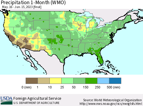United States Precipitation 1-Month (WMO) Thematic Map For 5/16/2023 - 6/15/2023