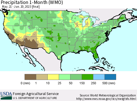 United States Precipitation 1-Month (WMO) Thematic Map For 5/21/2023 - 6/20/2023