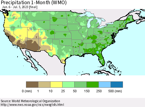 United States Precipitation 1-Month (WMO) Thematic Map For 6/6/2023 - 7/5/2023