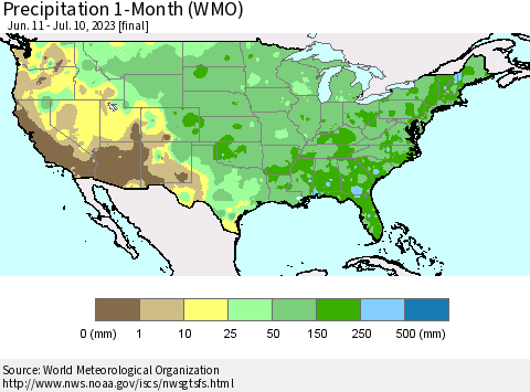United States Precipitation 1-Month (WMO) Thematic Map For 6/11/2023 - 7/10/2023