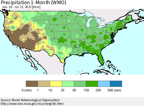 United States Precipitation 1-Month (WMO) Thematic Map For 6/16/2023 - 7/15/2023