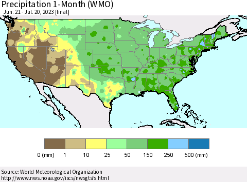 United States Precipitation 1-Month (WMO) Thematic Map For 6/21/2023 - 7/20/2023