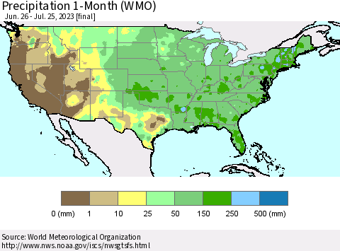 United States Precipitation 1-Month (WMO) Thematic Map For 6/26/2023 - 7/25/2023