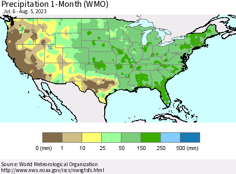 United States Precipitation 1-Month (WMO) Thematic Map For 7/6/2023 - 8/5/2023