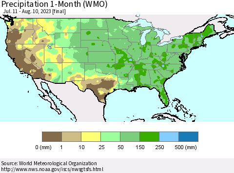 United States Precipitation 1-Month (WMO) Thematic Map For 7/11/2023 - 8/10/2023