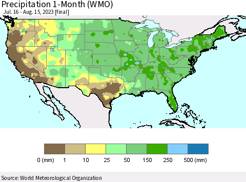 United States Precipitation 1-Month (WMO) Thematic Map For 7/16/2023 - 8/15/2023