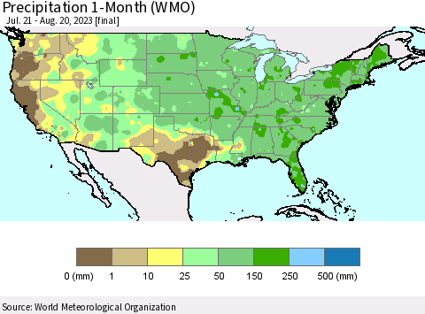 United States Precipitation 1-Month (WMO) Thematic Map For 7/21/2023 - 8/20/2023