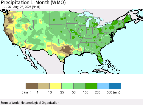 United States Precipitation 1-Month (WMO) Thematic Map For 7/26/2023 - 8/25/2023