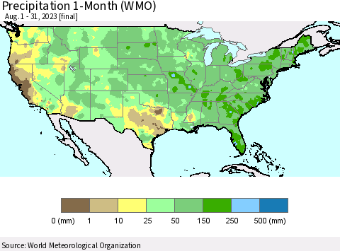 United States Precipitation 1-Month (WMO) Thematic Map For 8/1/2023 - 8/31/2023