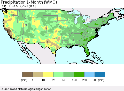 United States Precipitation 1-Month (WMO) Thematic Map For 8/11/2023 - 9/10/2023