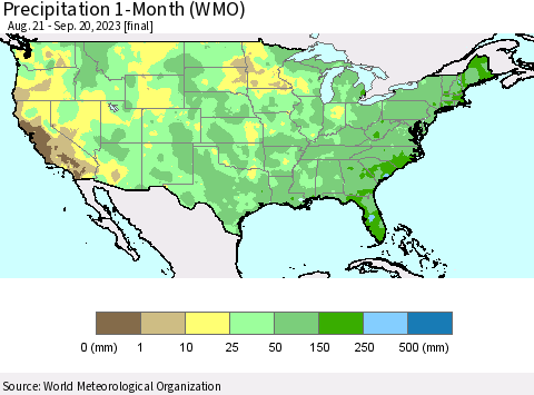 United States Precipitation 1-Month (WMO) Thematic Map For 8/21/2023 - 9/20/2023