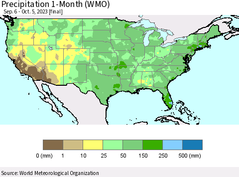 United States Precipitation 1-Month (WMO) Thematic Map For 9/6/2023 - 10/5/2023
