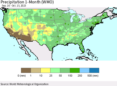 United States Precipitation 1-Month (WMO) Thematic Map For 9/16/2023 - 10/15/2023