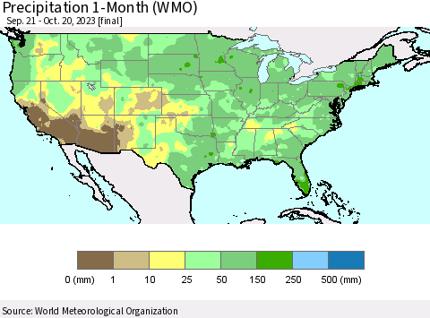 United States Precipitation 1-Month (WMO) Thematic Map For 9/21/2023 - 10/20/2023