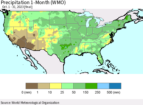United States Precipitation 1-Month (WMO) Thematic Map For 10/1/2023 - 10/31/2023
