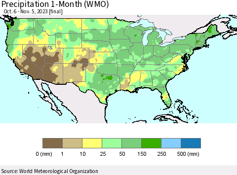 United States Precipitation 1-Month (WMO) Thematic Map For 10/6/2023 - 11/5/2023