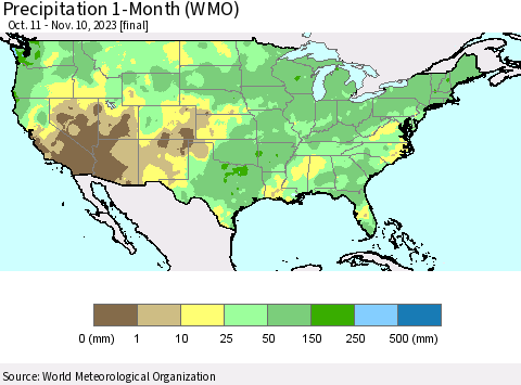 United States Precipitation 1-Month (WMO) Thematic Map For 10/11/2023 - 11/10/2023