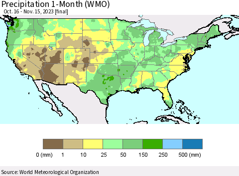 United States Precipitation 1-Month (WMO) Thematic Map For 10/16/2023 - 11/15/2023