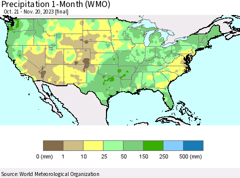 United States Precipitation 1-Month (WMO) Thematic Map For 10/21/2023 - 11/20/2023