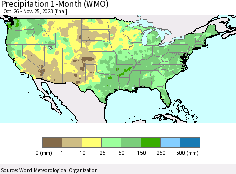 United States Precipitation 1-Month (WMO) Thematic Map For 10/26/2023 - 11/25/2023