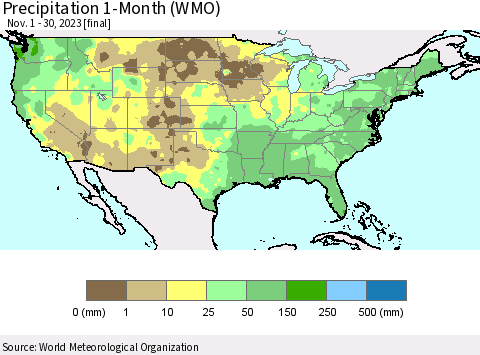 United States Precipitation 1-Month (WMO) Thematic Map For 11/1/2023 - 11/30/2023