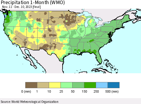 United States Precipitation 1-Month (WMO) Thematic Map For 11/11/2023 - 12/10/2023