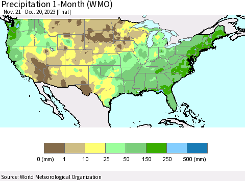 United States Precipitation 1-Month (WMO) Thematic Map For 11/21/2023 - 12/20/2023