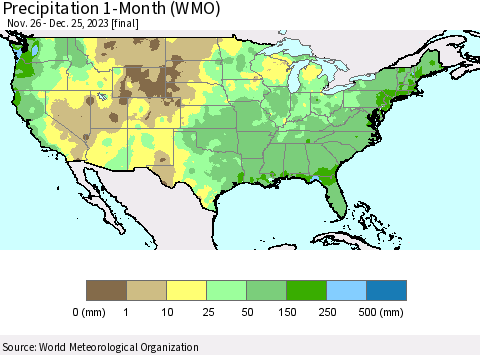 United States Precipitation 1-Month (WMO) Thematic Map For 11/26/2023 - 12/25/2023
