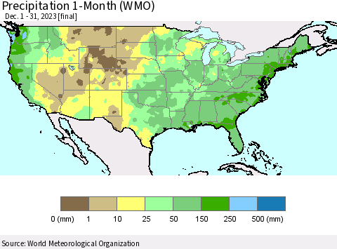United States Precipitation 1-Month (WMO) Thematic Map For 12/1/2023 - 12/31/2023