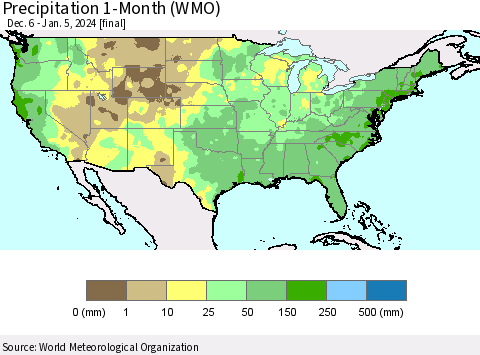 United States Precipitation 1-Month (WMO) Thematic Map For 12/6/2023 - 1/5/2024