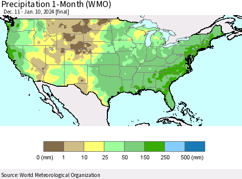 United States Precipitation 1-Month (WMO) Thematic Map For 12/11/2023 - 1/10/2024