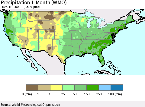 United States Precipitation 1-Month (WMO) Thematic Map For 12/16/2023 - 1/15/2024