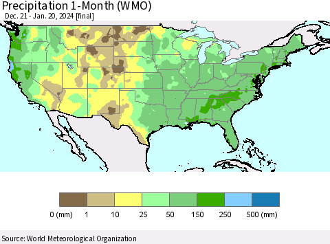 United States Precipitation 1-Month (WMO) Thematic Map For 12/21/2023 - 1/20/2024