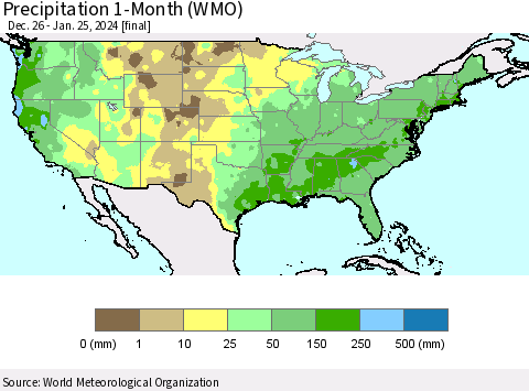 United States Precipitation 1-Month (WMO) Thematic Map For 12/26/2023 - 1/25/2024